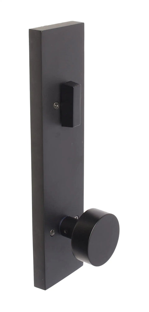 Addy Entry Handle With Mesa Knob Keyed Handleset Matte Black Front Door Hardware Complete Set For Residential Security And Sleek Dope Style Durable Finish Easy Install, side view showing knob and handle design