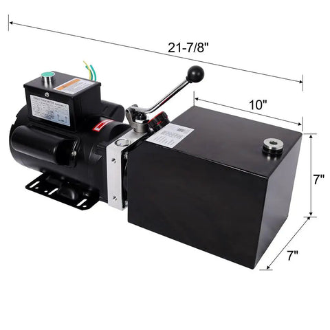 Heavy Duty Single Acting Hydraulic Power Unit With Steel Tank, 21-7/8" long, robust black pump for reliable performance.