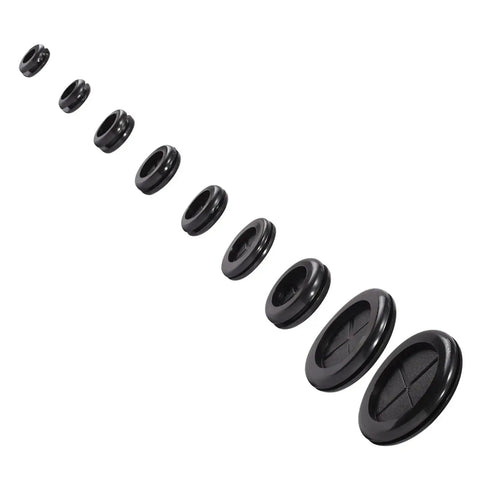 Must Have 200 Pcs Rubber Grommets To Neatly Tame Messy Cords And Wires With Durable Soft Inner Base That Prevents Fraying Around Sharp Desk Edges While Acting As Perfect Wire Organizers For Any Workspace Setup Today. black rubber cable grommets set, assorted sizes
