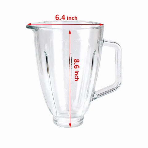 6-Cup Glass Jar Replacement For Oster Blenders measuring 6.4x8.6 inches, showing side view with handle