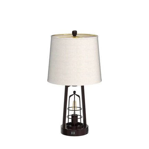 Farmhouse Bedside Lamp With Touch Control And Dimmable Lighting, featuring birdcage design, USB Charging Port, beige shade.