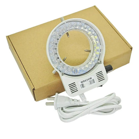 LED Ring Light For Microscope With 32 LEDs Adjustable Brightness Shadow Free Illumination For Stereo Microscope And On Camera Use Easy Mount And Secure Clamp White Light For Detailed Observation, white ring light with power cord on box