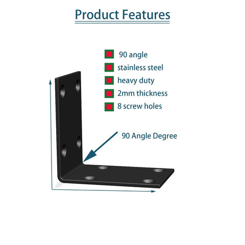 Heavy Duty Black Stainless Steel Shelf Bracket Right Angle L Shape Corner Support for Wood Walls, features highlighted