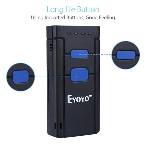 Front view of Pocket Size 1D Wireless Barcode Scanner with Bluetooth 3 In 1 2.4G and USB Wired Connectivity, highlighting buttons.