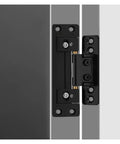Close-up of invisible concealed hinge set for cabinets and wardrobes adjustable slim rotating door fittings, black zinc alloy.