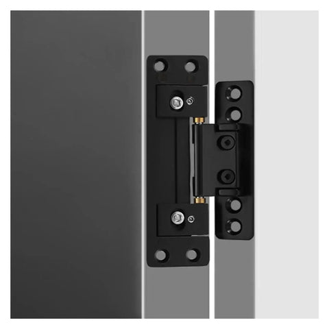 Close-up of invisible concealed hinge set for cabinets and wardrobes adjustable slim rotating door fittings, black zinc alloy.