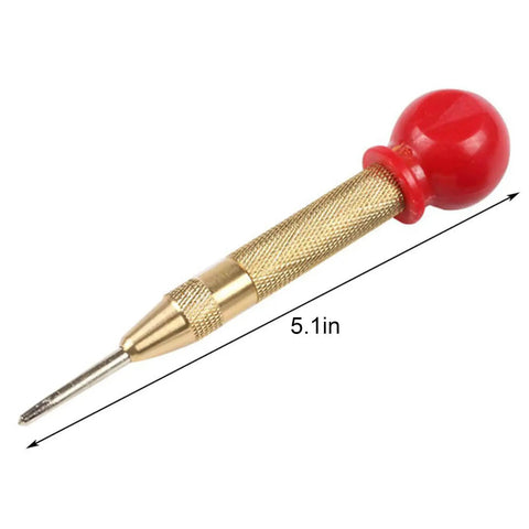Slick Badass Automatic Center Punch For Metal And Woodworking With Precise Spring Loaded Marking Tool Game Changer For Diy Workshop Projects No Sweat Positioning Handheld Steel Gold Finish 5.1-inch tool with red cap.