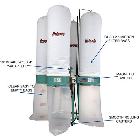 Shop Beast 10 HP Industrial Dust Collector With Heavy Duty 3 Phase Motor And Easy Moving 3 Inch Casters Plus Massive Suction Power To Keep Your Workspace Spotless In Tough Black Paint, showing filter bags and caster wheels.