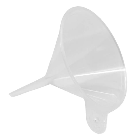 Ten Pack Filter Funnels With Three Point Six Inch Wide Openings Made From Chemical Resistant Polyethylene, side view.