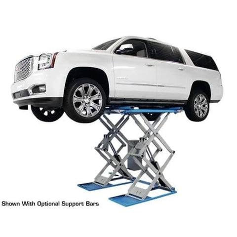 Shop Beast Commercial Scissors Lift, 9000 Lb Auto Garage Hoist, Air Powered Floor Jack, vehicle raised for easy maintenance.