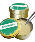 100G Pro Grade Soldering Flux Paste for Precision Electronics with tin and open lid showing paste and soldering iron, Lead Free No Clean