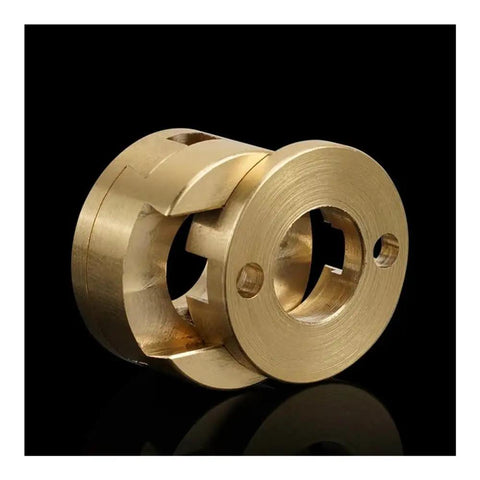Premium 4-Piece Smooth Oldham Coupling For 3D Printer Z Axis Screw Fit VzBoT BLV T8 Hot Bed Upgrade Parts With Low Friction Design For Zero Vibrations And Super Clean Prints brass coupling on black background, front angle
