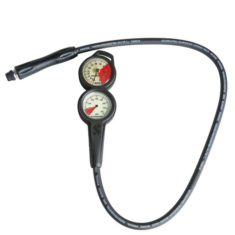 Two Gauge Inline Dive Console with Pressure Gauge and Depth Gauge Metric Display Brass Case Oil Filled Depth Gauge