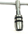 Three Piece T Handle Tap Wrench Set with solid collet jaws for tapping and reaming, close-up on metal handle and jaws.
