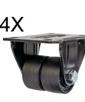 Heavy Duty Swivel Caster Wheels Built Like A Tank With Twin Wear Plates For Quick Bolt On Hookup Smooth Silent Glide and Solid 450kg Load Rating Per Wheel Set Of Four - close-up view of one caster.