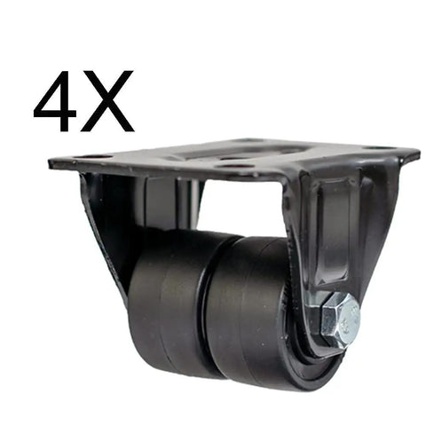 Heavy Duty Swivel Caster Wheels Built Like A Tank With Twin Wear Plates For Quick Bolt On Hookup Smooth Silent Glide and Solid 450kg Load Rating Per Wheel Set Of Four - close-up view of one caster.