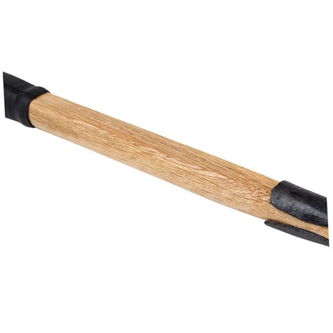 Close-up of wooden handle on Heavy Duty Pro Grade Metal Garden Hoe Set for Weeding and Planting, focus on durability and design