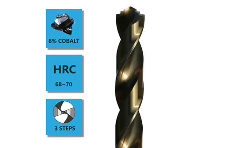 Close-up of Eight Percent Cobalt M42 Twist Drill Bits Set 1.5mm To 6.5mm 13 Piece Set For Stainless Steel And Hard Metal, focus on 3-step design.