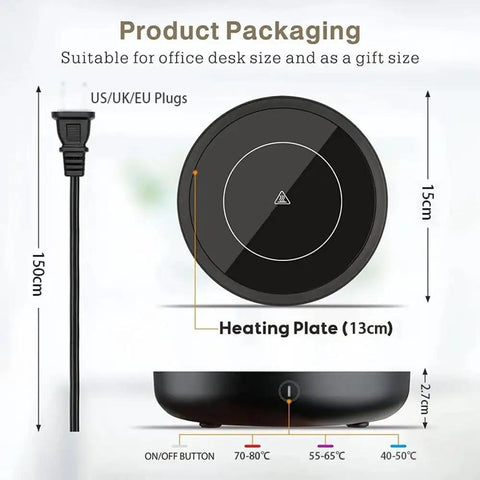 Electric Coffee Mug Warmer With Three Custom Heat Levels And Smart Auto Shut Off Keeps Your Morning Brew Straight Up Toast For Chill Work Days Or Lazy Weekend Routines On Your Workspace Desk In Crisp White Finish, showing dimensions and heating features.