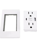 White 15A Duplex Electrical Receptacle Outlet With Wall Plate And Dual USB Charging Ports, polycarbonate frame.