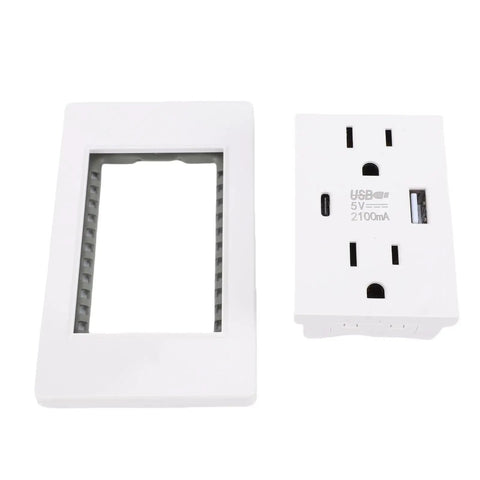 White 15A Duplex Electrical Receptacle Outlet With Wall Plate And Dual USB Charging Ports, polycarbonate frame.