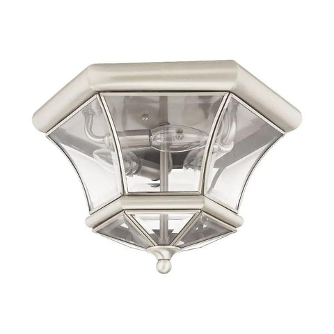 Monterey 3 Light Flush Mount Ceiling Light With Brushed Nickel Finish clear beveled glass solid brass for indoor outdoor use