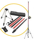 Pro Grade Laser Level Pole Kit With Tripod And Mount For Rotary And Line Lasers Telescoping Pole With Multi Function Mounting Bracket Fits One Quarter Twenty And Five Eighth Eleven Threads Adjustable Tripod Stand For Easy Setup shown disassembled on a white background