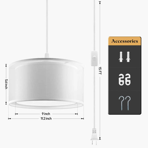 Plug In Pendant Light With 15 Foot White Cord And On Off Switch Double Linen Shade Fabric Design For Soft Warm Glow
