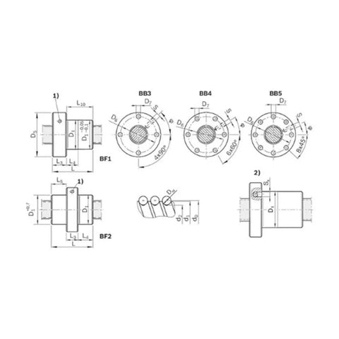 Schematic drawing of R151221013 Heavy Duty Ball Screw Nut Assembly showing dimensions and components for linear motion in machinery.