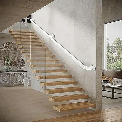 Custom Length Wall Mounted Galvanized Stair Railing Heavy Duty Non Slip Metal Banister Grip on modern wooden steps.