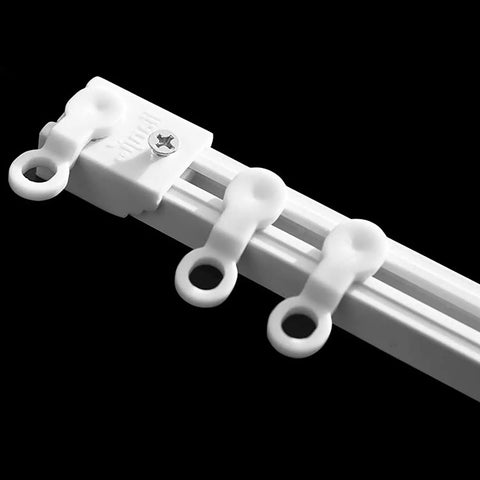 White Ceiling Curtain Track Set With 50 Drapery Carrier Slides For Standard White Traverse Rods Easy Glide Plastic Drape System Built To Last Odor Free Durable Tracks For Living Room Bedroom Windows. White plastic carrier slide on white track