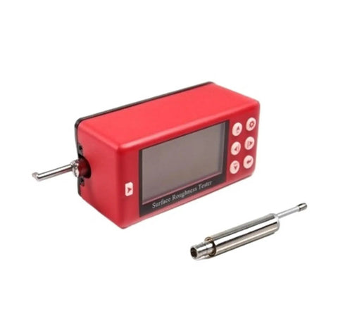 Portable Surface Roughness Tester Dead Accurate Metal Plastic Wood Finish Gauge With Knockout shown in red with probe attachment.