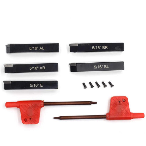 Five Sixteenth Inch Mini Lathe Indexable Carbide Turning Tool Holder Kit with TCMT090204 Inserts, set of AL, AR, BL, BR, E holders