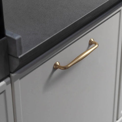 Six Pack 5 Inch Center To Center Modern Champagne Bronze Cabinet Pulls installed on kitchen cabinet
