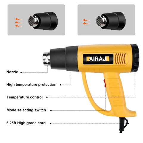 Yellow Beast 2000W Heat Gun For Resin And Crafts With Dual 110 And 220 Volt Input, includes nozzle, high temperature protection, and cord.