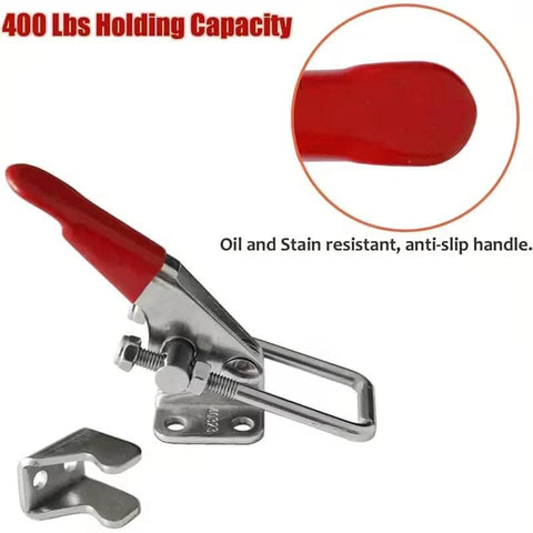 Two Pack Self Locking 304 Stainless Steel Toggle Clamp with red handle, 400 lbs capacity, side mount hold down buckle clamp tool.