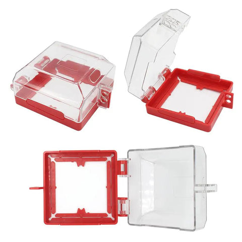 Two Pack Emergency Stop Push Button Lockout Cover Kit with Transparent Red Heavy Duty Resin Guard, open and closed views