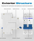 Diagram and front view of Two Pole 63 Amp 500V DC Circuit Breaker For Solar PV Systems With Thermal Magnetic Trip, DIN Rail Mount.