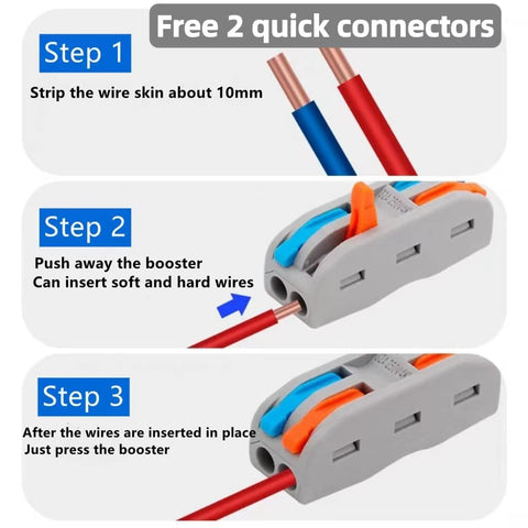 Wiring steps using free connector with stripped wires for 36V Or 48V DC Buck Converter To 24V 20A 480W Voltage Regulator Module.