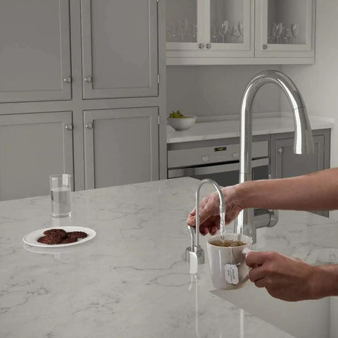 Velosah Instant Hot Water Dispenser Faucet With Gooseneck Spout Polished Chrome used for tea in modern kitchen