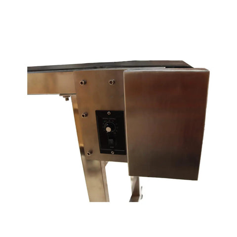 Side view of the control panel on a 110V PVC Belt Conveyor With Double Guard Rails, 82.6 Inch Long, 15.7 Inch Wide Flat Belt System.