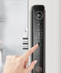 Heavy Duty Fingerprint Smart Door Lock With Waterproof Touchpad And Advanced Security Alarms For Front Entry, close-up of touchscreen and fingerprint sensor.