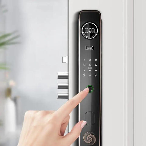 Heavy Duty Fingerprint Smart Door Lock With Waterproof Touchpad And Advanced Security Alarms For Front Entry, close-up of touchscreen and fingerprint sensor.