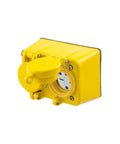 Heavy Duty Watertight Receptacle 15 Amp 250 Volt Duplex Outlet weatherproof with moisture cover in yellow.