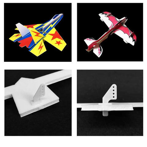 RC Airplane Control Horns And Clevis Kit 20 Sets showing colorful models and close-up of 4 hole rudder angle on wings for hobbyist planes.