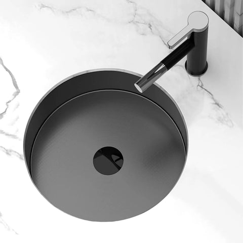 Top Notch Rust Resistant Stainless Steel Round Vessel Basin 15 6 Inch Slick Matte Black Finish with faucet on marble countertop