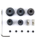 Beefed-Up Hardened Metal RC Pinion Gear Set, 32P, 5mm Inner With 3.175mm Coupler, Includes 13T 15T 17T 19T 21T gears, tools, and couplers