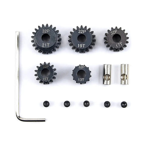 Beefed-Up Hardened Metal RC Pinion Gear Set, 32P, 5mm Inner With 3.175mm Coupler, Includes 13T 15T 17T 19T 21T gears, tools, and couplers