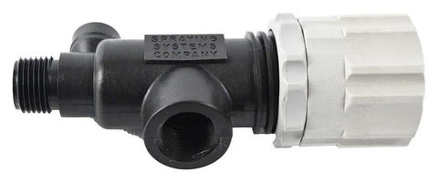 TeeJet manual pressure relief/regulating valve, black plastic body with white knurled cap and side port