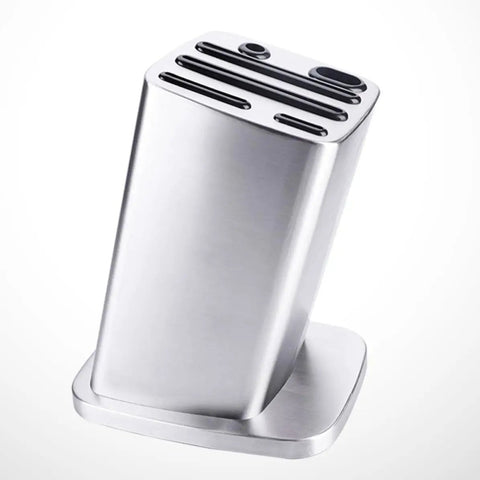 Six Slot Stainless Steel Kitchen Knife Block Holder With Tilted Slots And Angled Edges, Thick Construction Storage Rack displayed